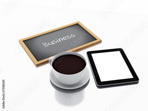 3d chalkboard, cup of coffee and Tablet pc. business concept