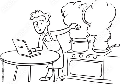 whiteboard drawing - man cooking with laptop computer