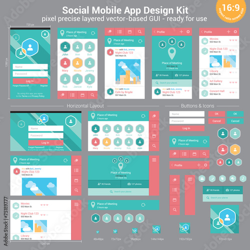 Social Mobile App Design Kit - pixel precise layered vector-base
