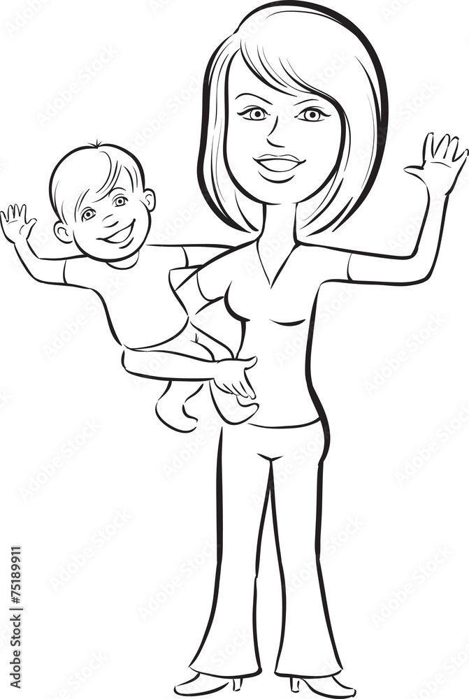 whiteboard drawing - happy mother and baby waving hello whiteboard drawing - happy mother and baby waving hello