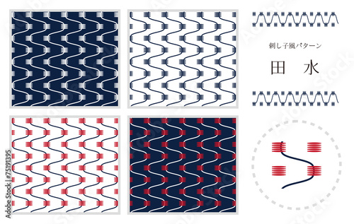 刺し子風パターン　「田水」　4種類＋刺繍パーツ
