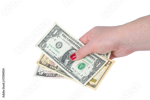 Dollar bill's in female hand's isolated on white background