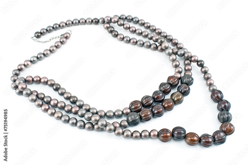 Necklace with gray beads isolated on white Necklace with gray beads isolated on white