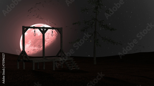 Foto Spooky Night background with Gallows, Crows and Red Moon