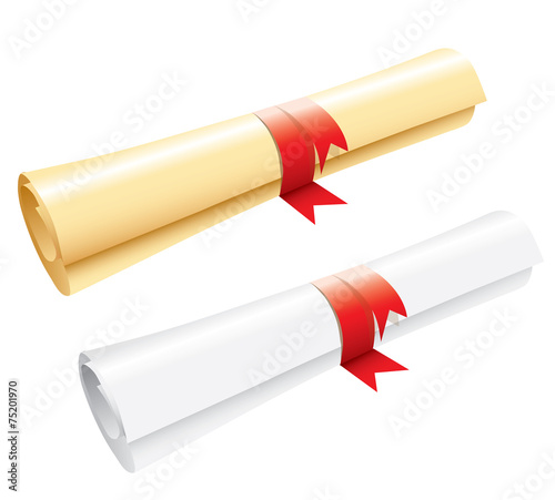 Certificate scroll on white background.