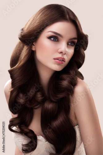 Canvas Print Hair. Portrait of Beautiful Woman with Long Wavy Hair. High qual