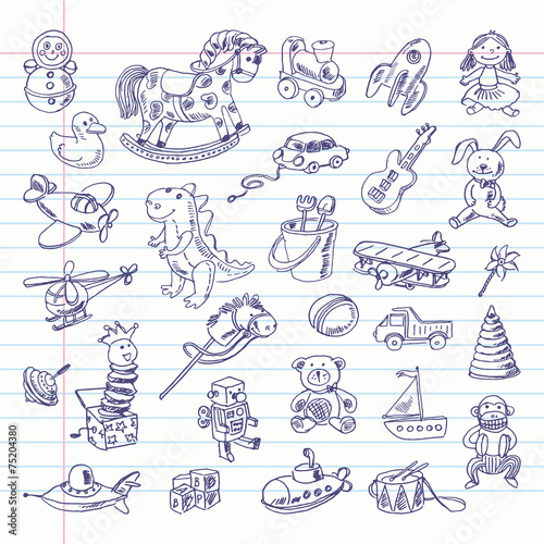 Freehand drawing retro toys items on a sheet of exercise book