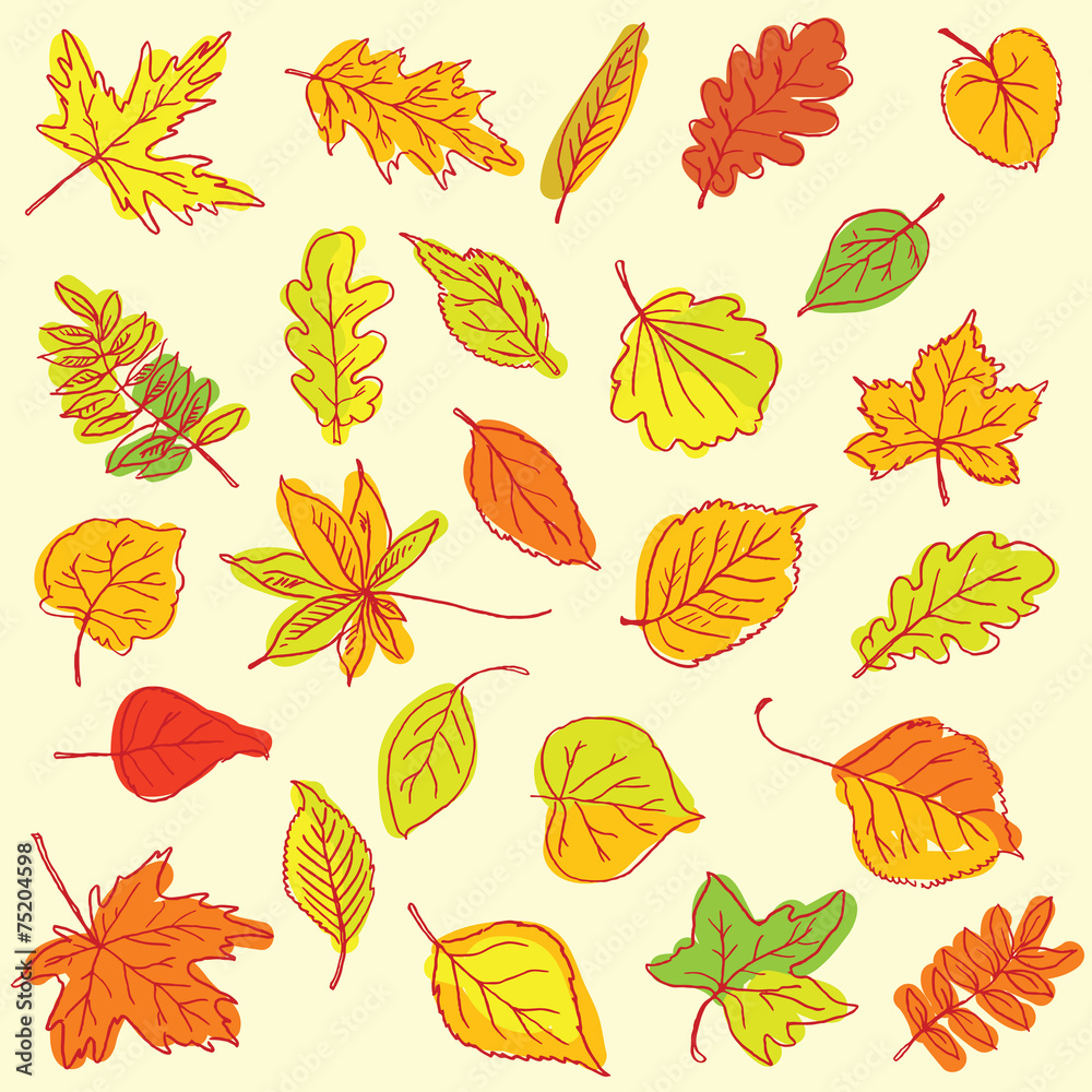 Obraz premium Freehand drawing autumn leaves items on a sheet of exercise book