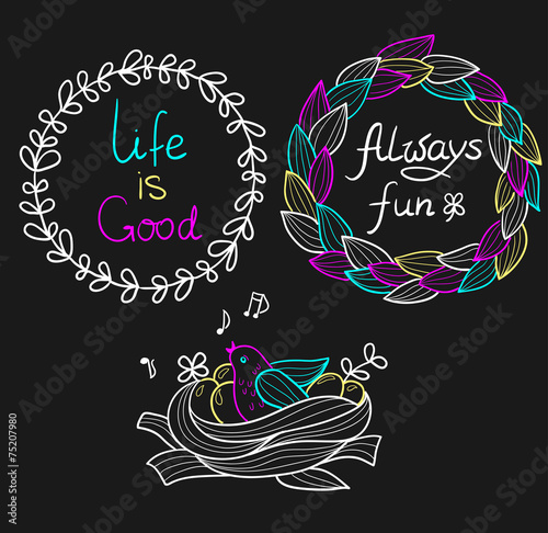 Circle frames from leaves set and bird in a nest (vector)