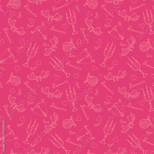 Vector pattern with hand drawn romantic theme on pink