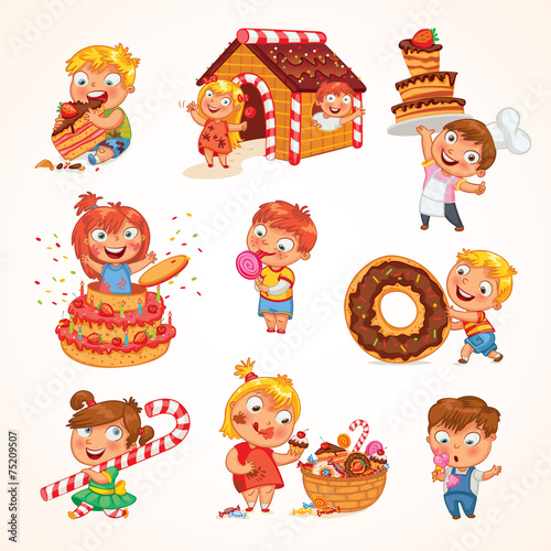 Sweet tooth. Funny cartoon character. Set