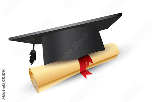 Black graduation cap with degree Isolated on white