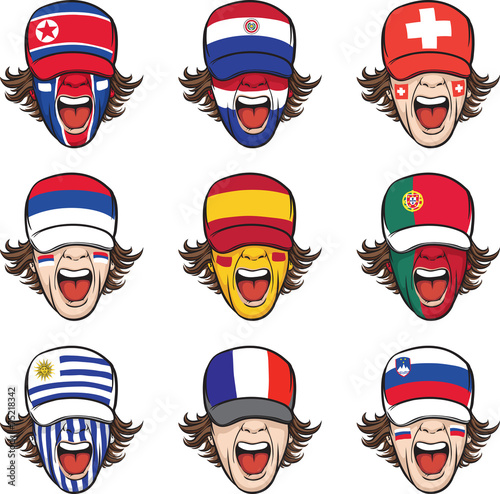 collection of screaming faces with flags on caps