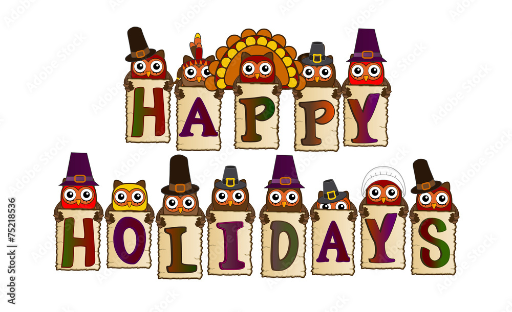 happy holidays birds with hats