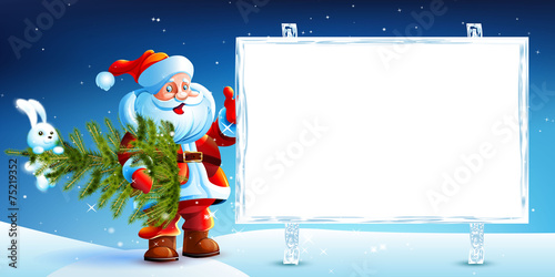Santa Claus standing in the snow with a bag of gifts