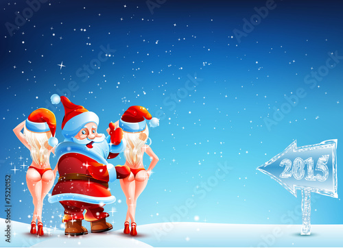 Santa Claus and two girls standing in the snow with a thumbs up