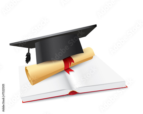 Black graduation cap with degree and book Isolated on white