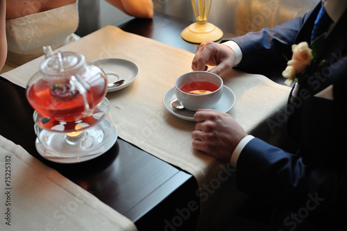 Man and woman drinking tea from a cup