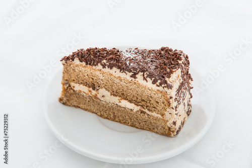 Chocolate cake slice with curl on white dish