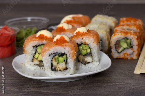 sushi on wooden background