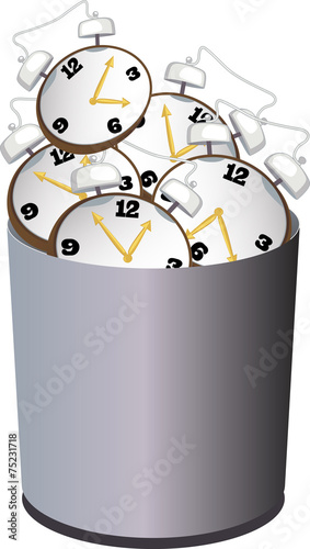 Wasting time. Waste basket filled with alarm clocks