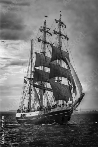 Old ship sailing. In black and white
