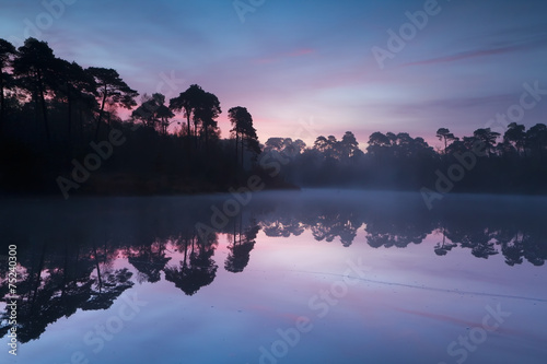 autumn sunrise over wold lake in forest photo