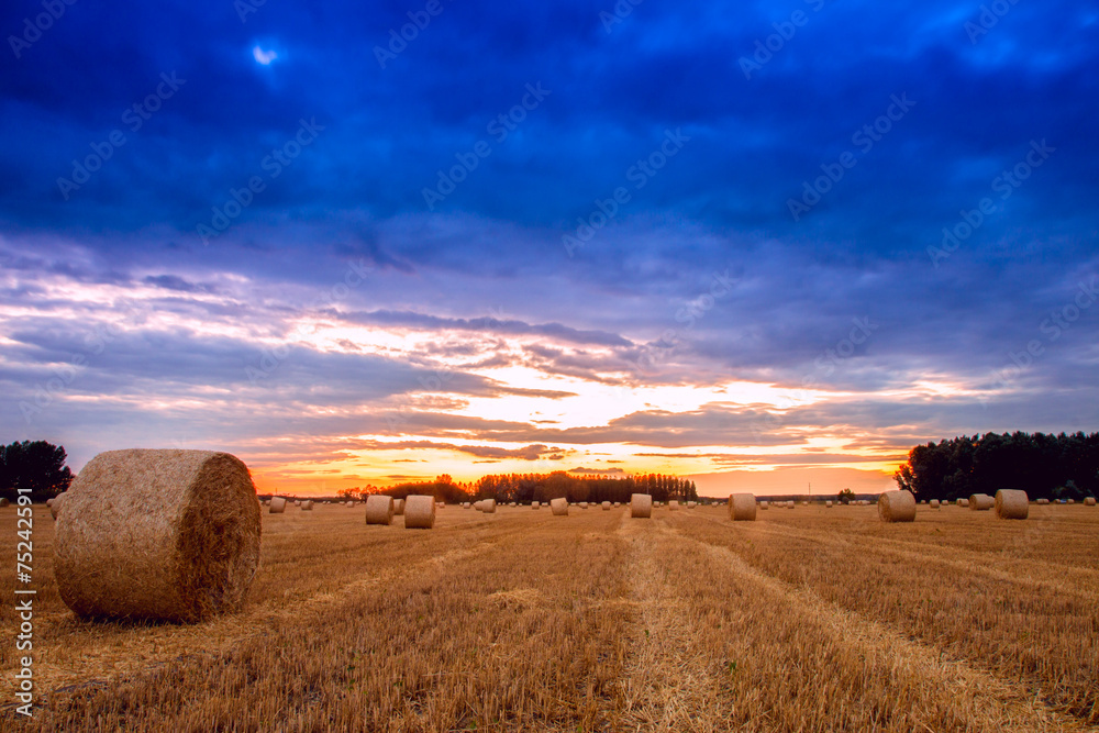 End of day over field with hay bale