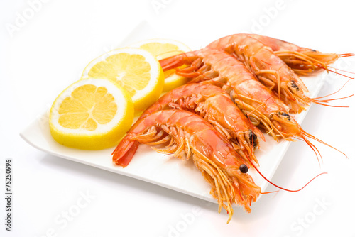 ordered prawns and lemon on a tray