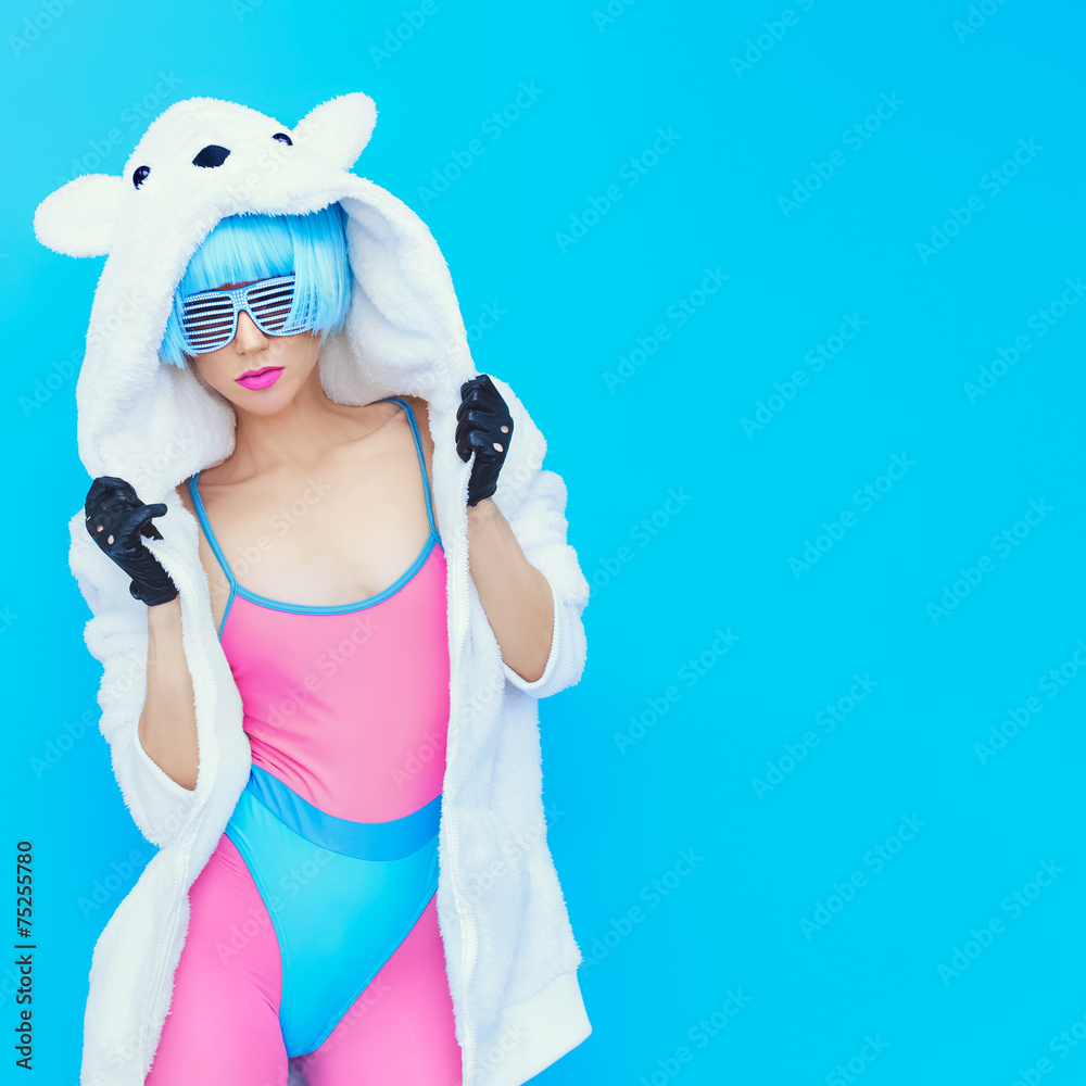 teddy bear girl on a blue background. Crazy winter party. Club d - obrazy, fototapety, plakaty 