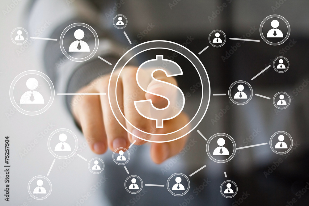 Businessman pushing virtual button with dollar Businessman pushing virtual button with dollar