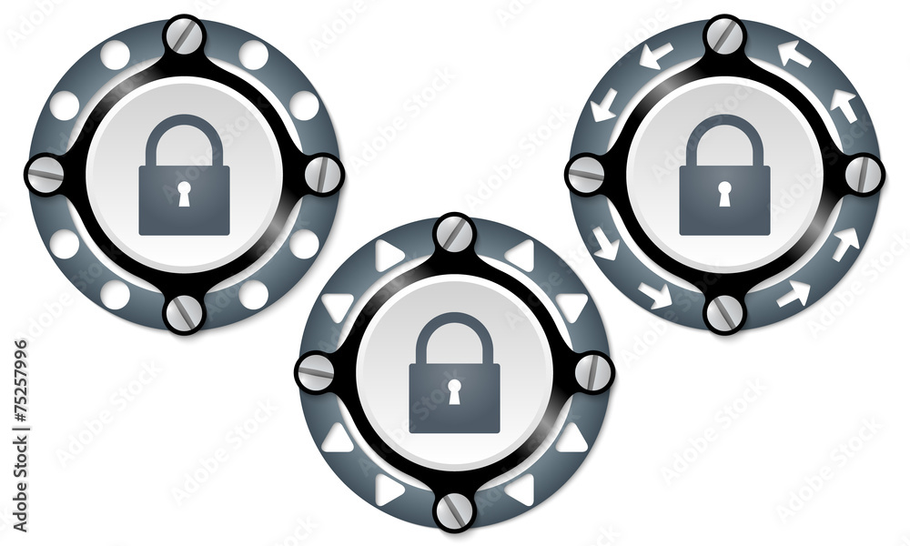 Set of three icons with perforated ring and padlock Set of three icons with perforated ring and padlock