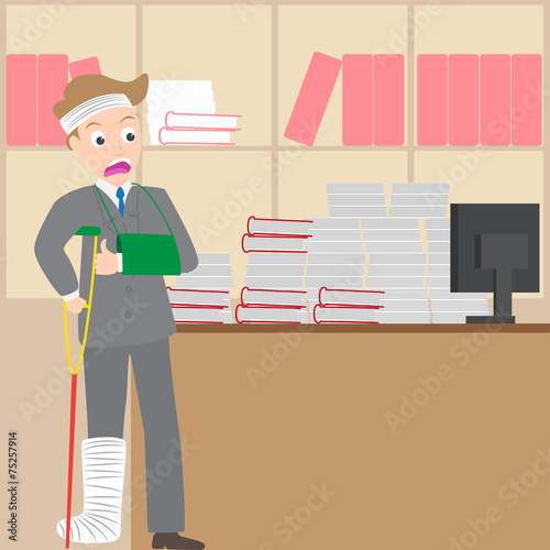 injured businessman boggle a pile of document on his desk