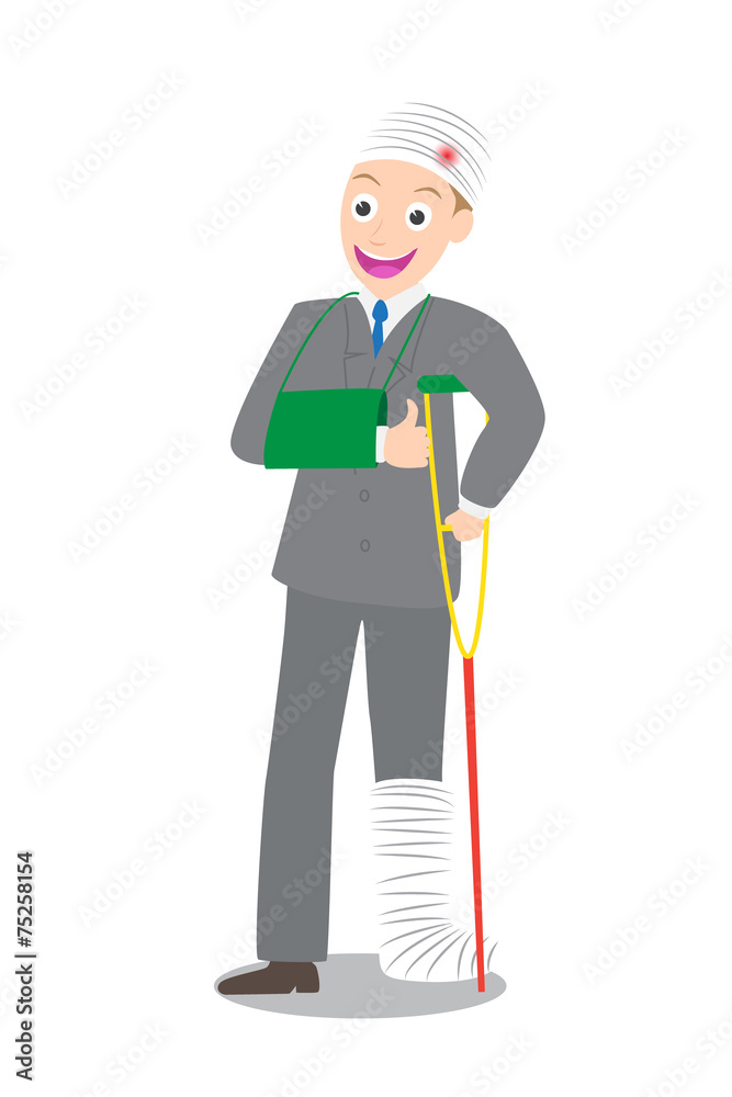 smile injured businessman in bandages with crutches vector smile injured businessman in bandages with crutches vector