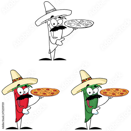 Sombrero Chile Pepper Holds Up Hot Pizza. Collection Set