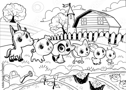 Funny farm animals in the garden