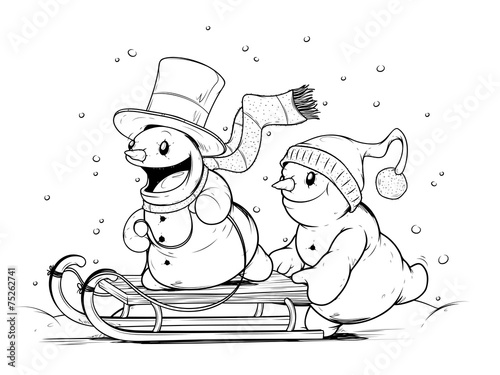Snowmen on sled. Winter Activities