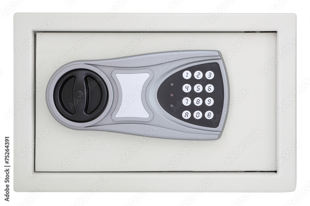 Front numeric code steel safe box on white background. Front numeric code steel safe box on white background.