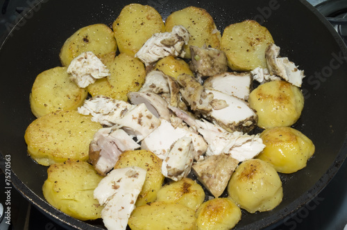 The fried potatoes and chicken