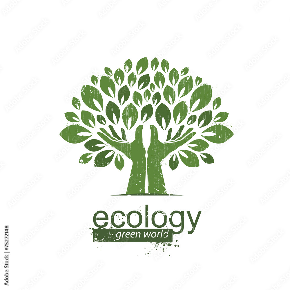 Obraz premium tree and hands. Logo, icon. Vector illustration