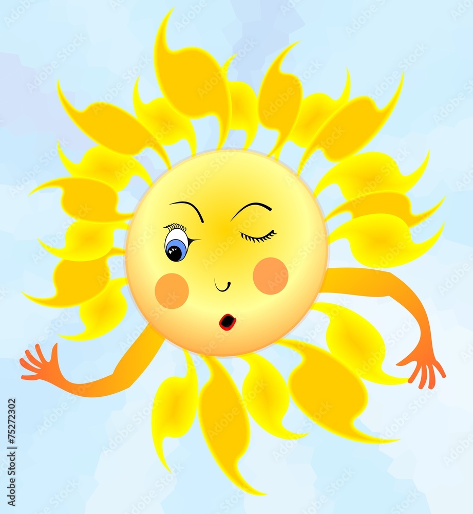 Cheerful cartoon of surprised winking sun with hands