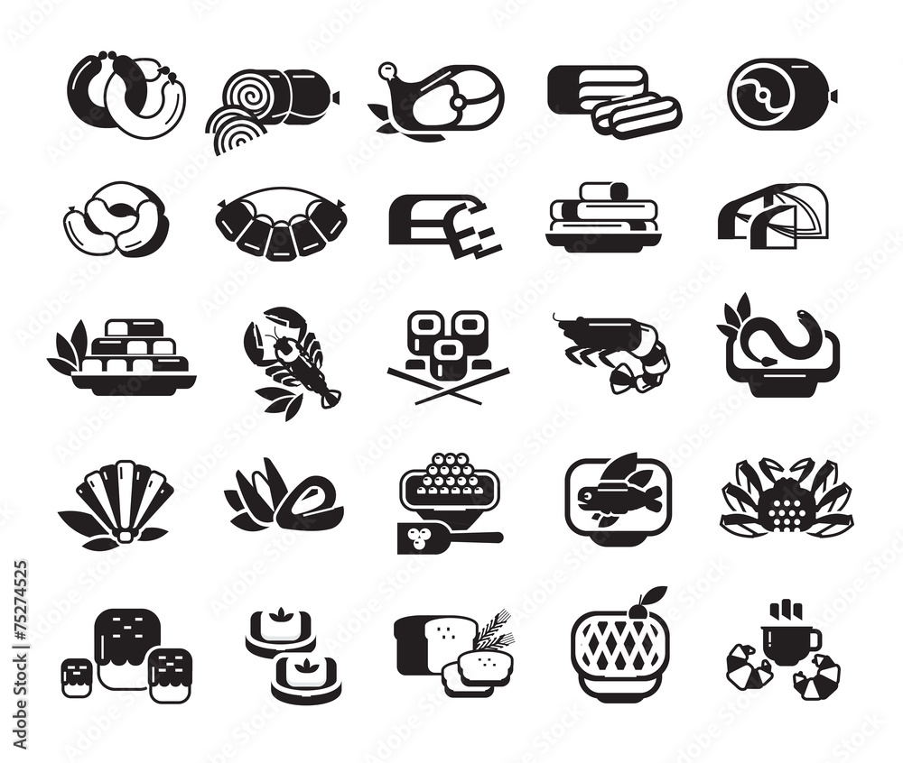 Food. Meat, seafood, baked goods. Set of icons