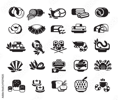 Food. Meat, seafood, baked goods. Set of icons