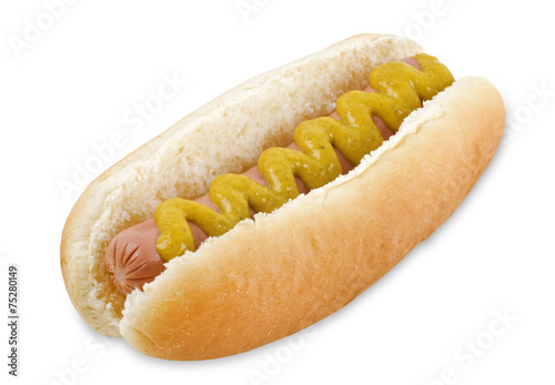 hot dog with sausage, mustard and bread