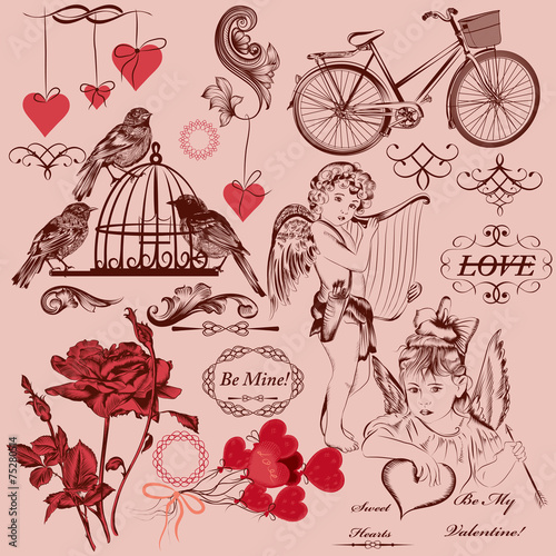 Collection of vintage decorative Valentine's day elements