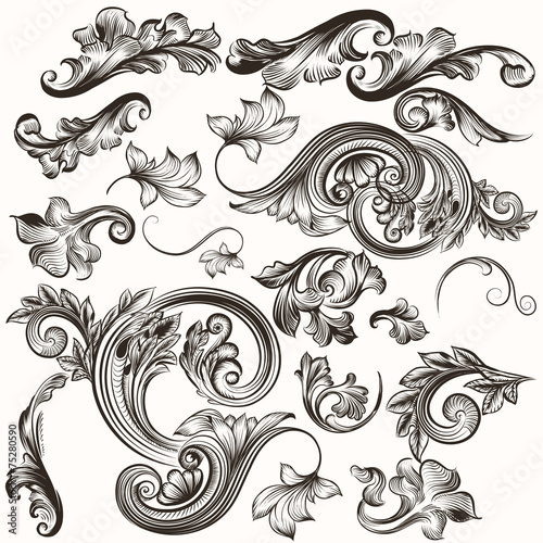 Collection of vintage hand drawn swirl elements
