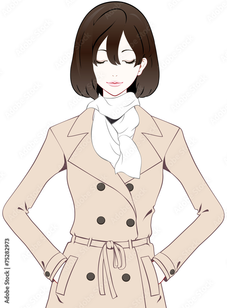 Fototapeta premium 女性 トレンチコート 目を閉じる