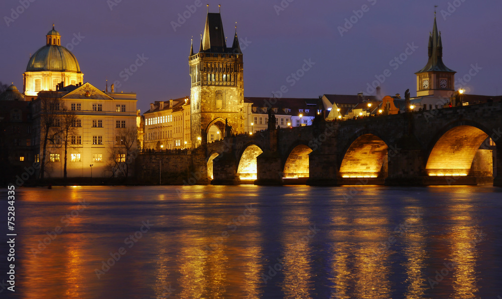 Charles Bridge and Prague Tower lighting at night