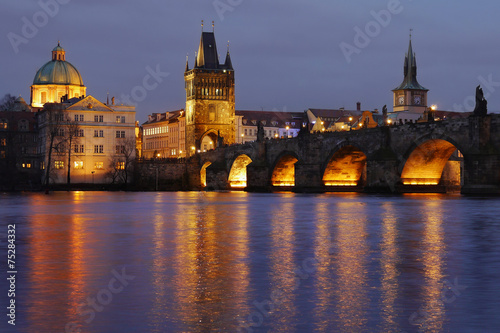 Charles Bridge and Prague Tower lighting at night © pettys