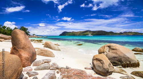 beautiful panoramic veiw of the beach with yacht, Seychelles